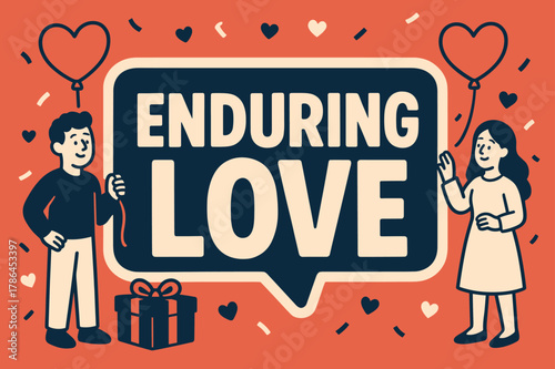 Enduring Love Celebration. Enduring Love banner, flat vector illustration, bold oversized text inside sticker outline banner, cartoon characters standing and