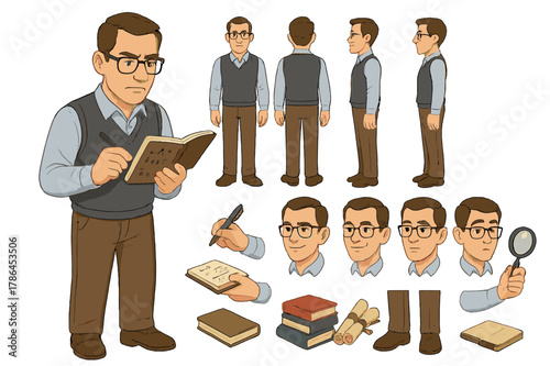 Linguist Character Creator. Cartoon realistic vector illustration, Character constructor style, isolated
