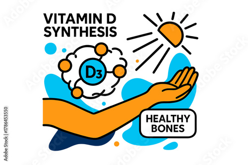Vitamin D Synthesis Art. Vitamin D Synthesis. Rays touch the skin of a relaxed arm; molecule icons swirl, connecting into ?D3.? A minimalist label glows