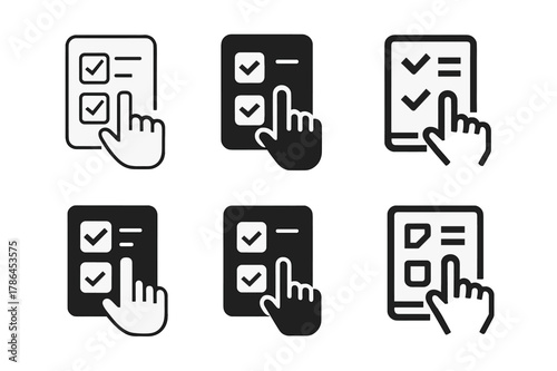 Interactive Quiz Logos. Interactive Quizzes. Set Logo of Interactive Quizzes: touchscreen with checkmarks. harmonious logo variations of the same emblematic