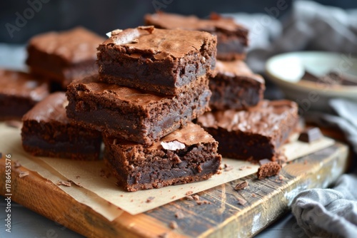 Delicious chocolate brownies stacked on a wooden board