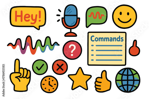 Voice Command Icons. Voice command prompts. Colorful Hand-drawn doodle Children illustration Voice command prompts wake word card, mic button, voice bubble,