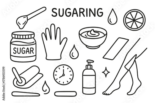 Sugaring Essentials Icons. Sugaring hair removal. Hand-drawn doodle illustration Sugaring hair removal sugar jar, wooden stick, droplet, lemon slice, bowl,