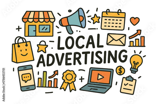 Doodle Advertising Elements. Local advertising. Hand-drawn doodle illustration of local advertising. Store,