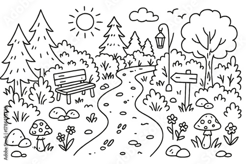 Forest Trail Doodle. Trail in Forest. Hand-drawn doodle illustration Trail in Forest forest trail, trees, bushes, rocks, mushrooms, flowers,