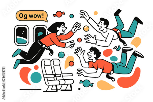 Zero-G Adventure Fun. Zero-G Cabin Play. Seatbelts click open and travelers hover, chasing floating candy spheres; a playful tag reads ?0g wow!?. Window shapes
