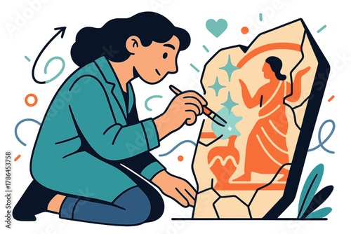 Art Restoration Process. Restoration of ancient art. Conservator carefully repairing faded fresco or pottery;