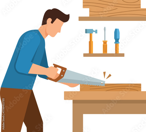 Carpenter Sawing Wood Plank on Workbench in Workshop Illustration