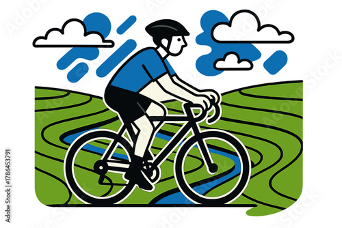 Cyclist Among Rice Terraces. Cycling through rice terraces. A cyclist rides between vivid green fields