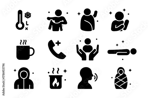 Hypothermia First Aid Icons. Hypothermia first aid. Solid icons set of Hypothermia first aid: thermometer low reading, remove wet clothes, dry blanket, warm