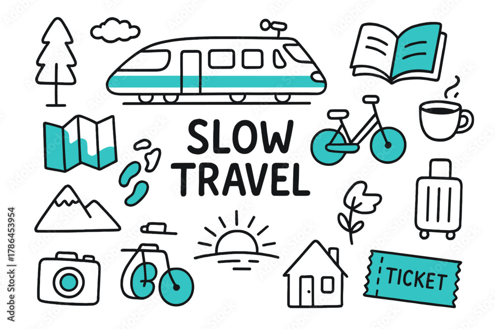Fototapeta premium Slow Travel Icons. // Slow travel. Hand-drawn doodle illustration Slow travel [train (accented), bicycle (accented), map, mountain, camera, book (accented),