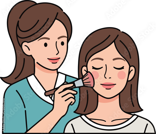 Professional Makeup Artist Applying Blush to Client with Powder Brush Illustration