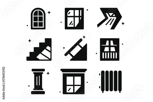 Architectural Window Icons. Window Light in Architecture. Solid icons set of Window Light in Architecture: arched window, steel mullions, skylight ray,