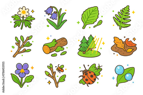 Forest Blooms Icons. Forest edge blossoms. Colorful isometric vector icons set of Forest edge blossoms: wood anemone, bluebell cluster, primrose leaf, fern
