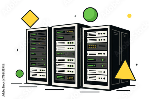 Futuristic Data Center. Server Rack. Wide view of server racks in data center with floating abstract geometric shapes and LED highlights, organized and