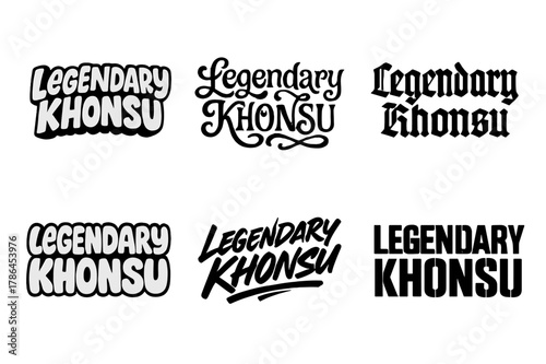 Khonsu Lettering Styles. Legendary Khonsu. Set lettering. harmonious lettering variations of the same emblematic concept (Funky cartoon-style lettering,