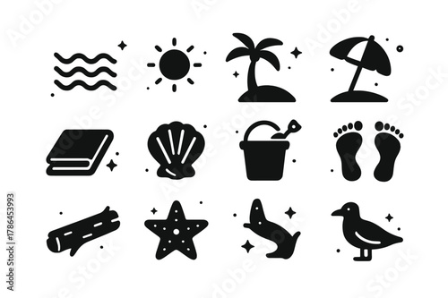 Beach Icons Collection. Tide and Sand. Solid icons set of Tide and Sand: ocean waves, sand, sun, palm tree, beach umbrella, towel, seashell, bucket,