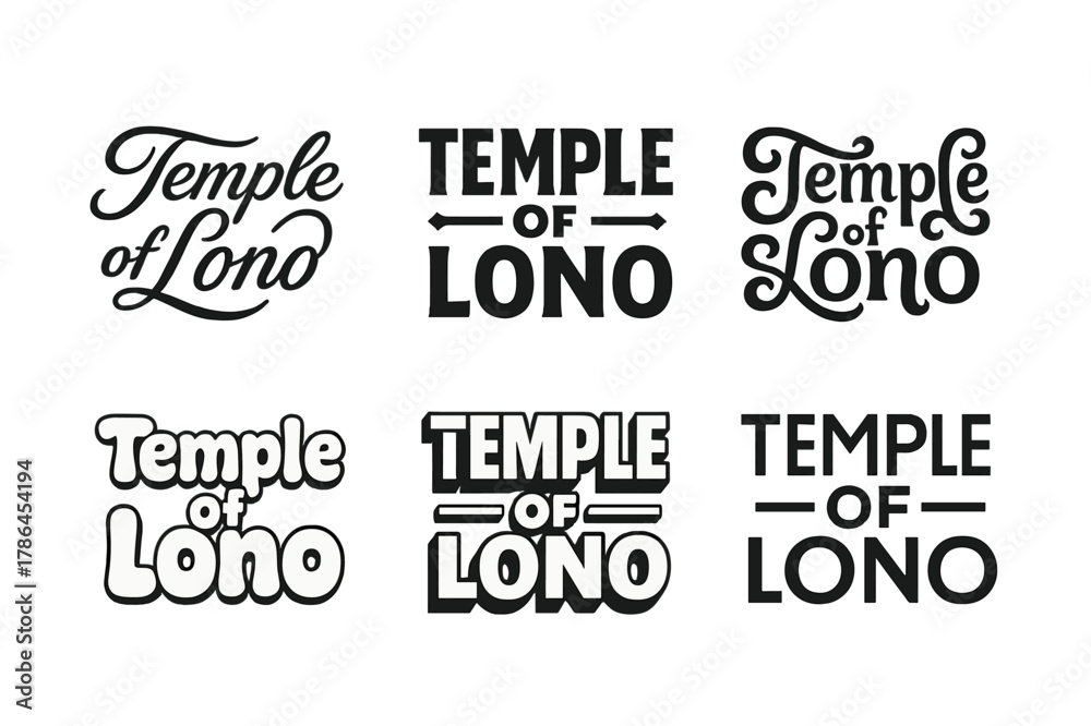Obraz premium Temple Lettering Variations. Temple of Lono. Set lettering. harmonious lettering variations of the same emblematic concept, each with different artistic