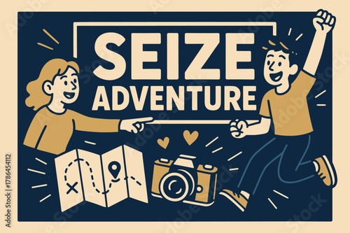 Adventure Awaits Banner. Seize adventure banner, flat vector illustration, bold oversized text inside rectangular frame, cartoon characters pointing and