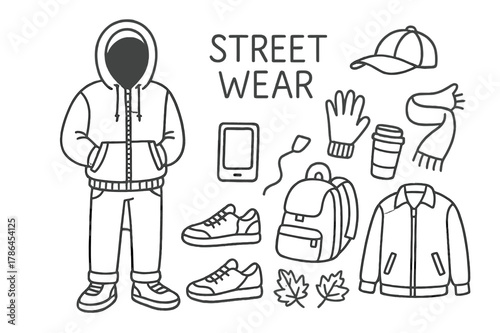 Streetwear Doodle Ensemble. Streetwear Hoodie. Hand-drawn doodle illustration Streetwear Hoodie hoodie, person wearing hoodie, hood, zipper, pocket, sneakers,