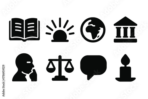 Modern Religious Symbols. Interpreting religious teachings in modern times. Filled icon set of interpreting