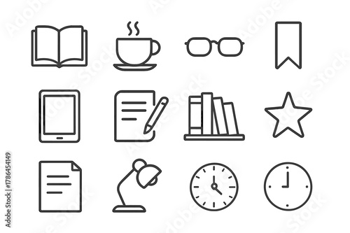 Reading Habits Icons. Reading habits. Line outline icon set of reading habits: open book, coffee cup, glasses,