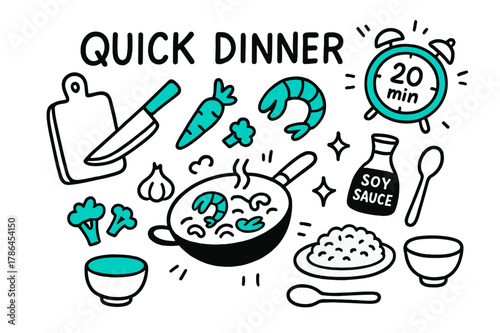 Quick Dinner Doodle. // Quick dinner. Hand-drawn doodle illustration Quick dinner [timer (accented), wok (accented), cutting board, knife (accented), garlic,