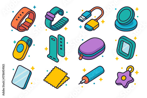 Wearable Accessories Icons. Wearable accessories. Colorful isometric vector icons set of Wearable accessories: watch band, magnetic clasp, charging cable,