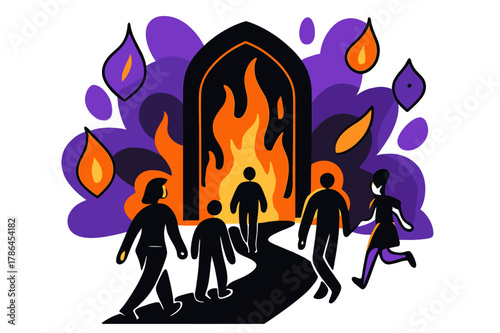 Journey to Fiery Gates. Figures Walking Towards Fiery Gates. Path leading to massive fiery gates with people walking and floating abstract geometric flames,