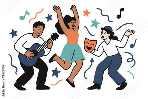 Festive Cultural Expressions. Cultural events. Community members performing music, dance, and theatre;