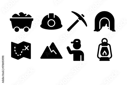 Mining Tourism Icons. Mining tourism and visiting old mining sites. Filled icon set of mining tourism and