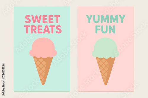 Sweet Yummy Banners. FUN. Two vertical A6 banners with safe margins, centered composition, no elements touching edges, pastel, pastel mint and pink, ice cream