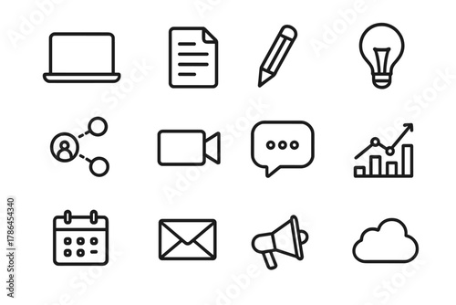 Content Marketing Icons. Content marketing. Line outline icon set of content marketing: laptop, document,