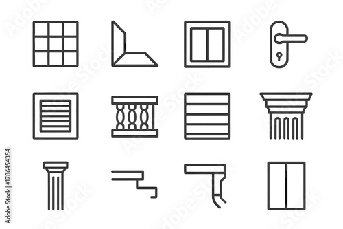 Architectural Icon Set. Architectural Details. Line icon set of Architectural Details: facade texture, corner trim, window frame, door handle, vent cover,