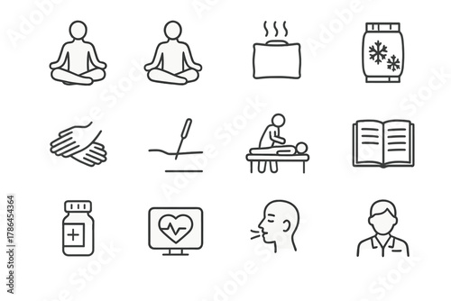 Chronic Pain Relief Icons. Chronic pain relief set. Line outline icon set of chronic pain relief set: yoga