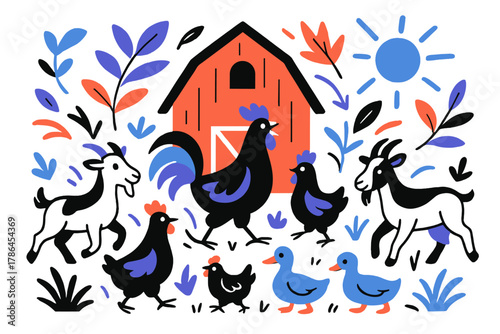 Vibrant Farmyard Harmony. Farmyard scene. Chickens, ducks, and goats wandering freely around a glowing red