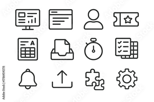 LMS Icon Set. Learning management systems (LMS). Line icon set of LMS: dashboard, course catalog, user profile, enrollment ticket, gradebook, assignment inbox,