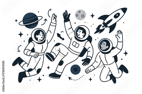 Astronauts in Space. ENTER to Space Exploration. Astronauts floating in zero gravity, planets and stars in the background, spaceship soaring through the