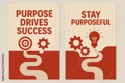 Purposeful Design Banners. Purpose drives success. Two vertical A6 banners with safe margins, centered composition, no elements touching edges, flat vector