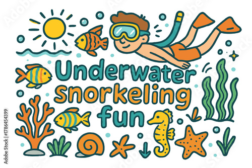 Underwater Snorkeling Adventure. Underwater snorkeling fun. Hand-drawn doodle illustration of underwater