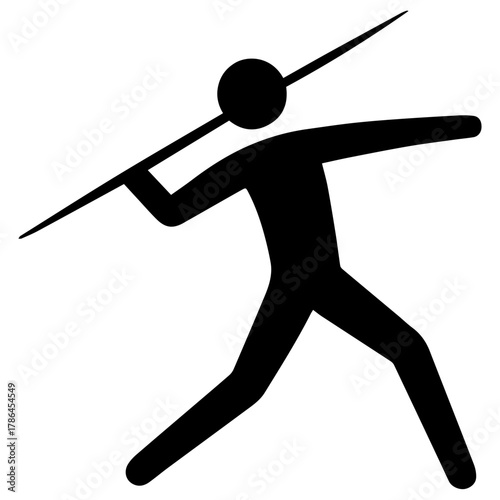 Minimalist black silhouette pictogram of an athlete in motion preparing to throw a javelin, a dynamic icon on a clean light background—ideal for sports signage, event branding, and athletic design.