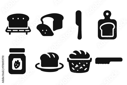 Bread Cooling Icons. Bread cooling and serving. Filled icon set of bread cooling and serving: cooling rack,