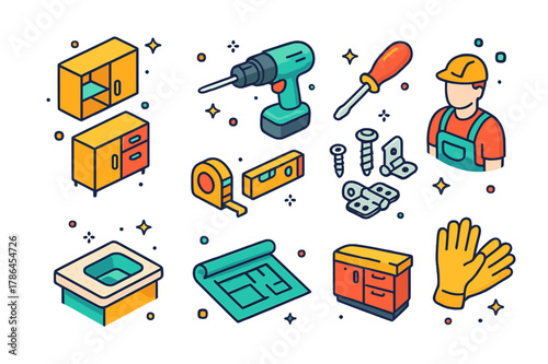 Colorful Kitchen Renovation Icons. Kitchen renovation. Colorful isometric vector icons set of kitchen renovation: upper cabinets, lower cabinets, drill,