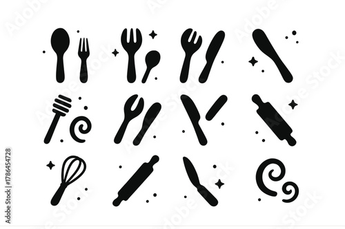 Handmade Wooden Utensils Icons. Handmade Wooden Utensils. Solid icons set of Handmade Wooden Utensils: spoon, fork, ladle, spatula, honey dipper, salad tongs,