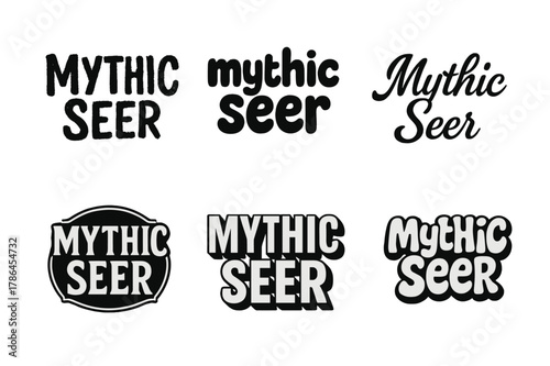 Mythic Seer Variants. Mythic Seer. Set lettering. harmonious lettering variations of the same emblematic concept (Grunge textured brush lettering, Rounded