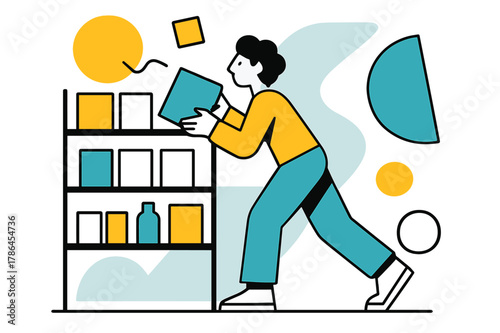 Geometric Supply Restocking. Restocking Supplies. Person refilling supply shelves with floating abstract geometric shapes and soft light accents, organized and