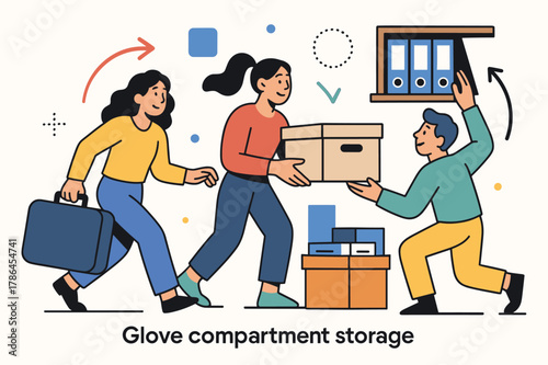 Organized Storage Chaos. Glove compartment storage. A suitcase, a storage box, a shelf with labeled folders. Modern flat vector scene with expressive, stylized
