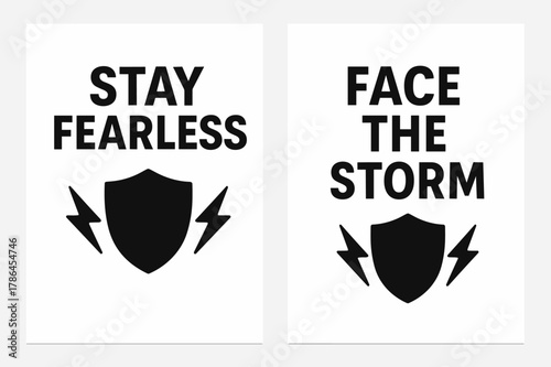 Stay Fearless Shield. Courage. Two vertical A6 banners with safe margins, centered composition, no elements touching edges, flat vector design, black and
