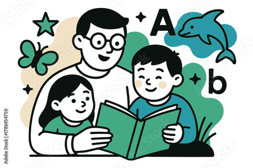 Imaginative Storytime Scene. Storytime fun. Parent reading a book to children with floating abstract shapes of