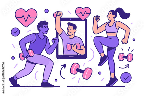 Energetic Gym Scene. Fitness memberships. People attending gym classes and virtual sessions; glowing dumbbells